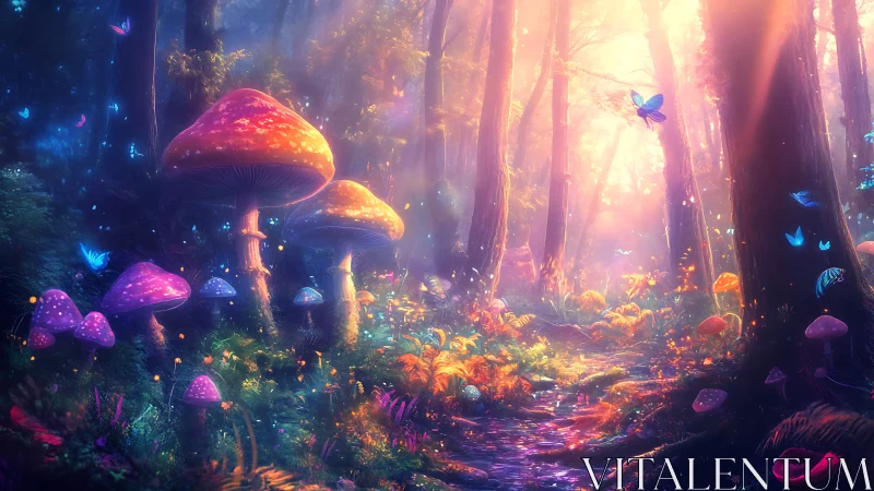 Enchanted mushroom grove glows with mystical forest light