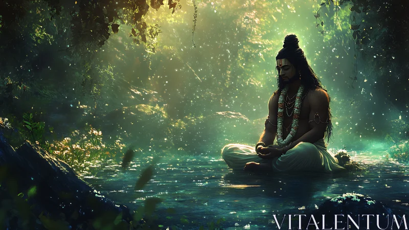 Forest sage in tranquil river meditation under sacred light.