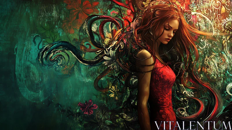 Melancholic woman merges with swirling floral abstraction in red