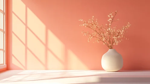 White ceramic vase with flowers against peach wall.