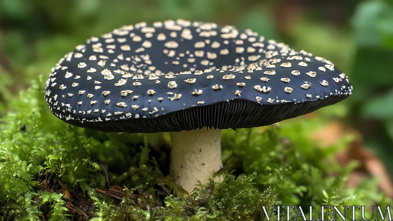 Black spotted mushroom growing on mossy forest floor.