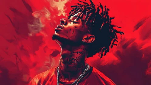 Crimson haze portrait of a calm, smoke‑lit dreamer.