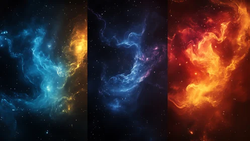 Cosmic nebula triptych in blue, gold, and ember hues.