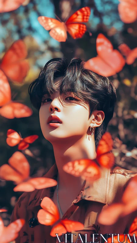 Soft light crowns a dreamy youth in a storm of red butterflies