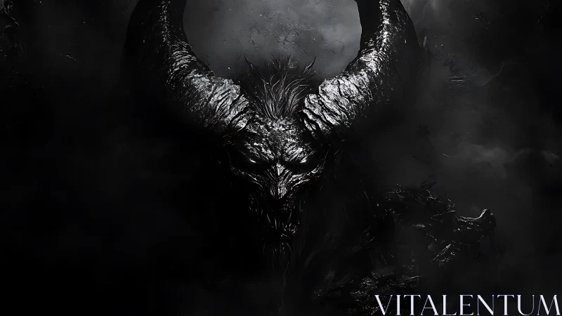 Dark horned demon face emerging from heavy black smoke.