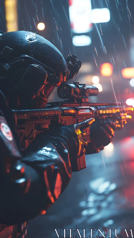 Rain-soaked futuristic soldier steadies a rifle in neon night