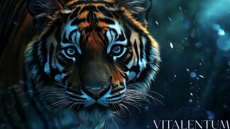 Gentle night tiger with luminous eyes in a dreamy glow.