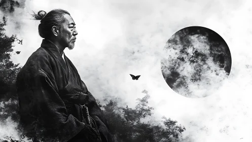 Solitary samurai silhouette under looming eclipse sky.