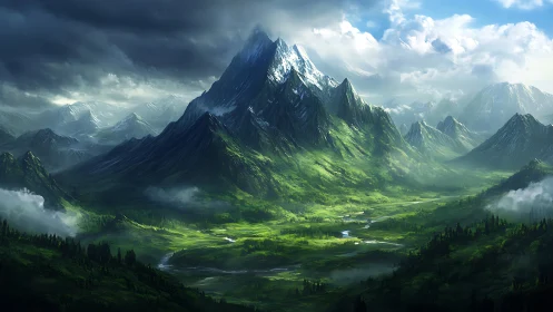 Sunlit alpine valley unfolds beneath dramatic snowcapped massif