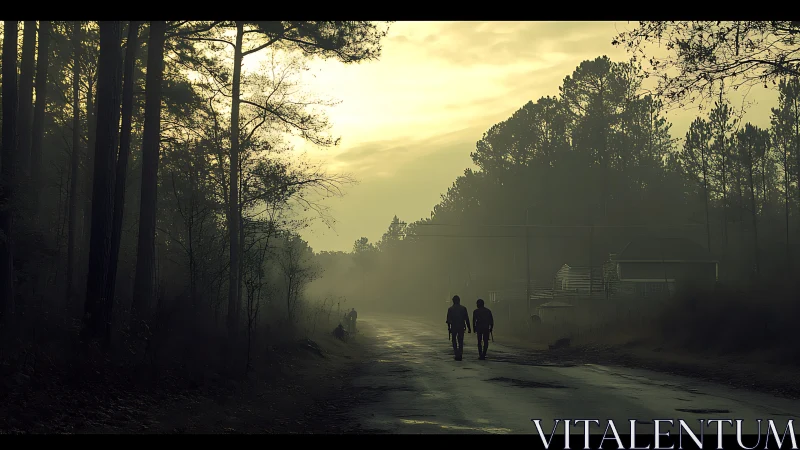 Backlit forest road at dawn with silhouetted walkers in dense fog