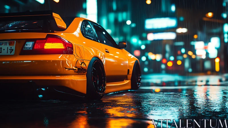 Yellow tuner car glows against neon city rain reflections.