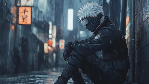 Quiet moment of a masked warrior resting in the rainy alley