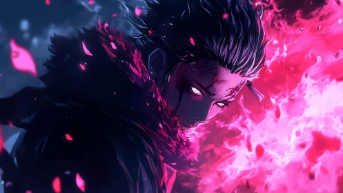 Intense anime warrior stares ahead amid vivid pink flames