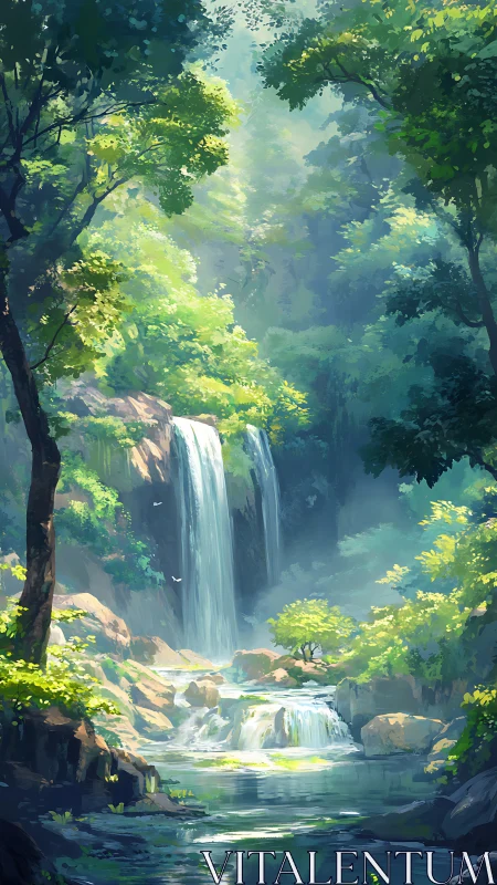 Emerald Cascade: Where Sunlight Dances Through Ancient Woodland.