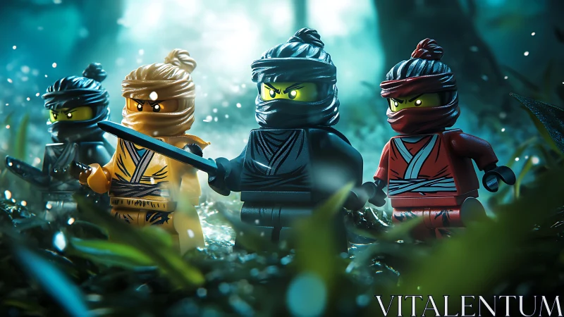 Lego ninja squad advances through cinematic forest mist.