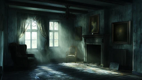 Dust-lit parlor of forgotten chairs and whispering frames.