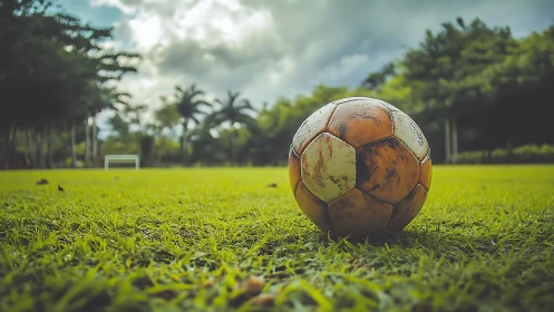 Weathered soccer ball rests on grassy pitch under clouds