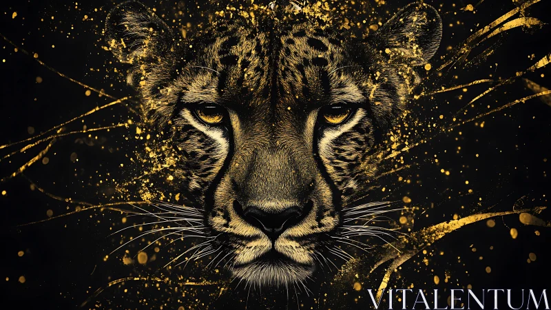 Golden Feline Portrait: Digital Splatter Art on Black.