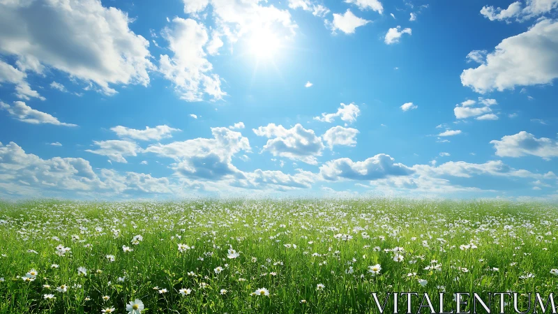 Sunlit daisy meadow drifting beneath a wide dreaming sky.