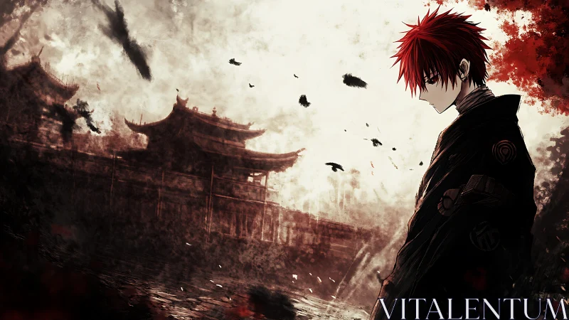 Red haired anime boy before dark temple skyline at dusk.
