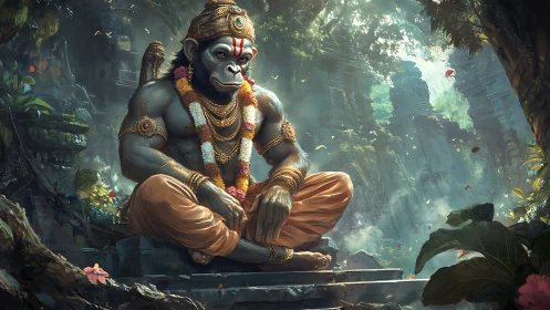 Mythic simian deity seated in ornate jungle ruins.