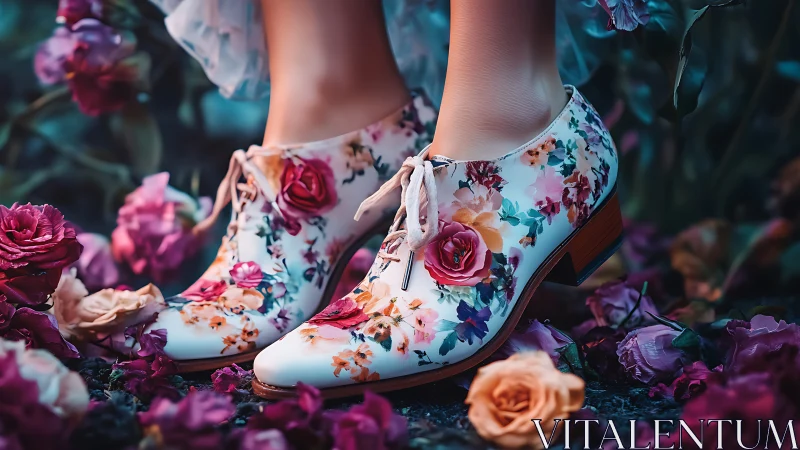 Photoreal floral leather shoes amid saturated rose garden.