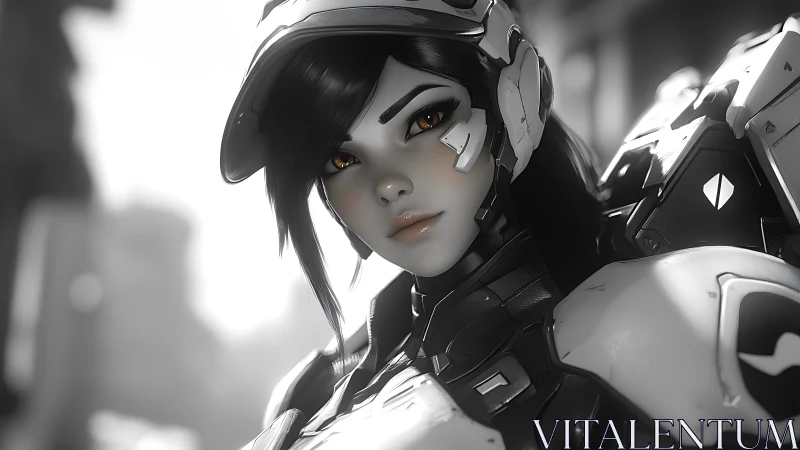 Augmented pilot in high-spec exosuit under soft bokeh light.