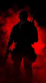 Photorealistic soldier silhouette in red atmospheric backlight.