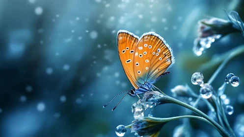 Orange butterfly on dewy plant in cool blue bokeh field.