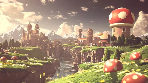 Whimsical mushroom kingdom sprawls across sunlit cliffs.
