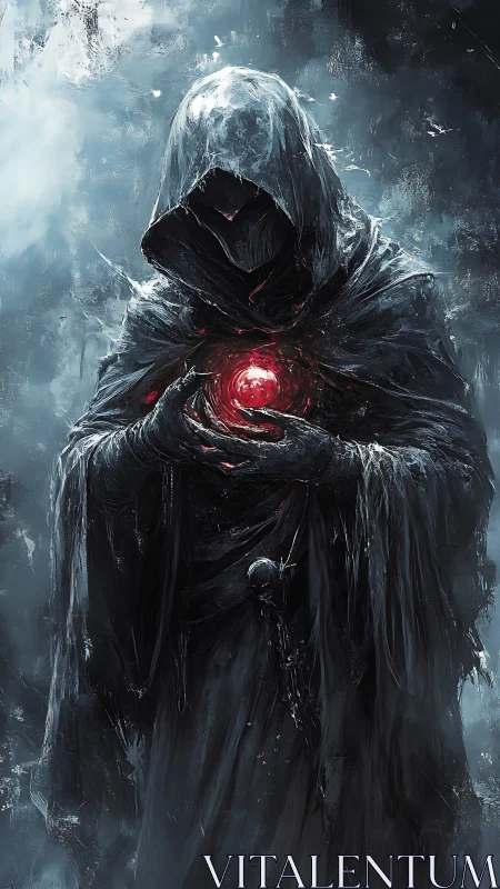 Hooded dark mage conjures crimson orb in icy mist.