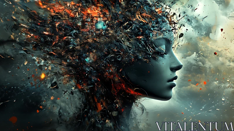 Cybernetic muse profile with explosive abstract data bloom.