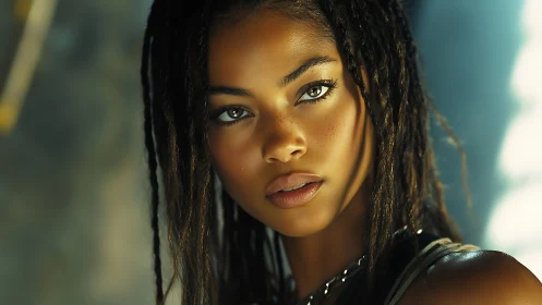 Close portrait of woman with braids and intense gaze.