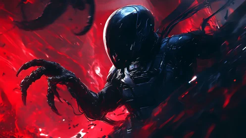 Armored alien entity emerges amid chaotic red energy field