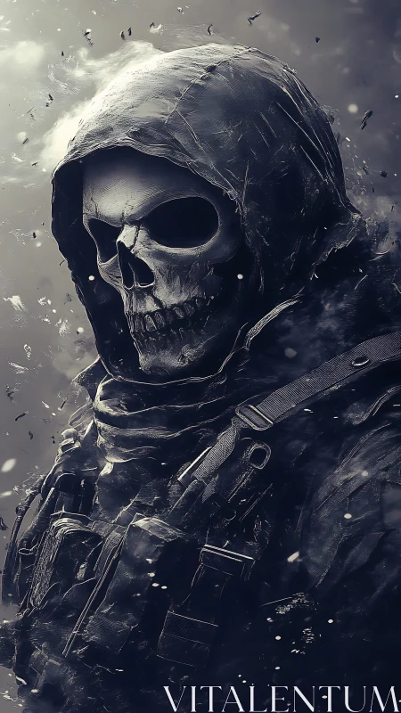 Hooded skeletal soldier in tactical gear amid falling debris.