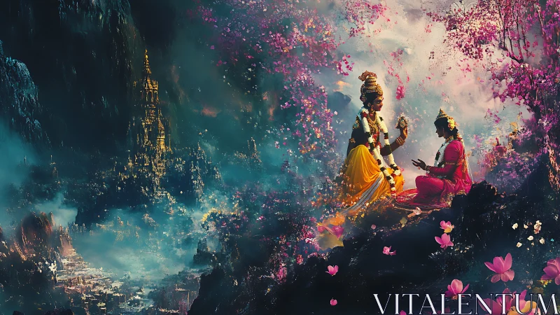 Divine figures in mystical lotus valley with golden city.