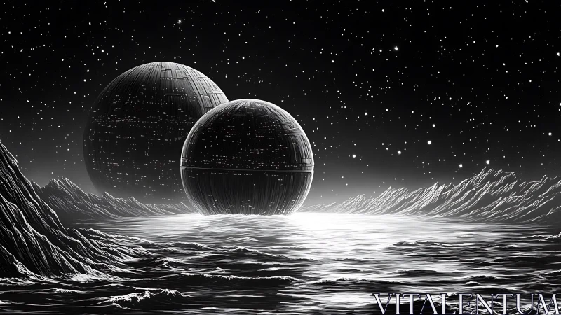 Twin mechanical moons drifting above a silver alien sea.