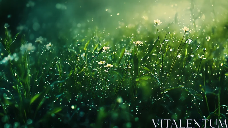 Morning dew sparkles around wildflowers in soft green light