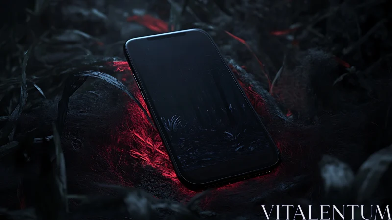 Midnight smartphone glowing softly in a shadowy forest floor.