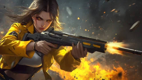 Fierce female gunner charging through explosive battlefield.