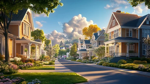 Tree-lined suburban street shows detached homes and gardens