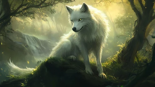 Luminous white wolf sentinel in misty enchanted forest.