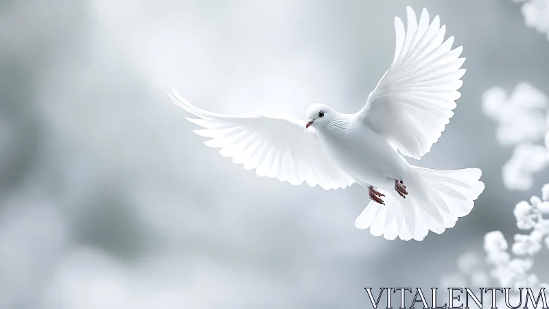 Elegant white dove in flight with soft ethereal background.