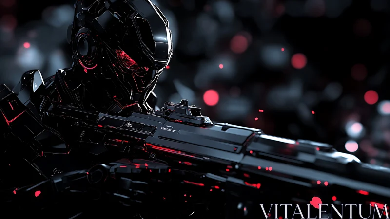 Chrome combat exosuit with rifle under neon red highlights.