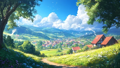 Sunlit valley hamlet dreaming under billowing summer clouds.