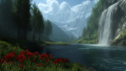 Mountain lake with waterfall, forest, and red wildflowers