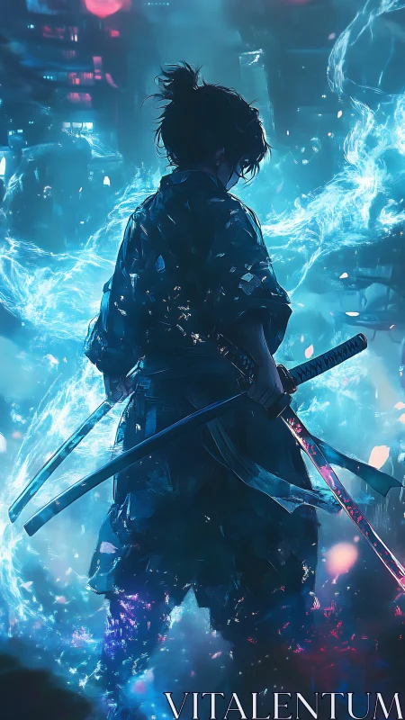 Cyberpunk samurai stands in crackling neon storm of power