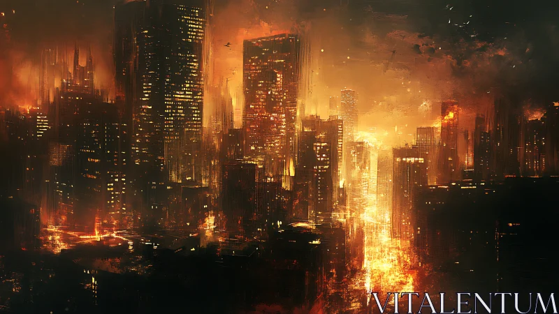 Burning megacity skyline under apocalyptic dusk glow.