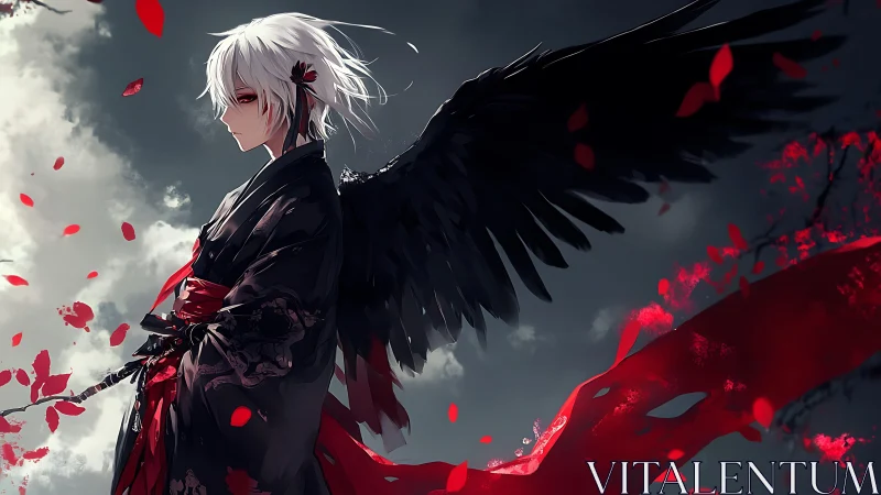 Dark-winged warrior stands calm among falling crimson petals