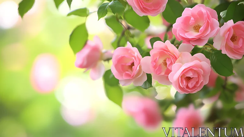 Pink roses in bloom with green foliage under natural sunlight conditions.